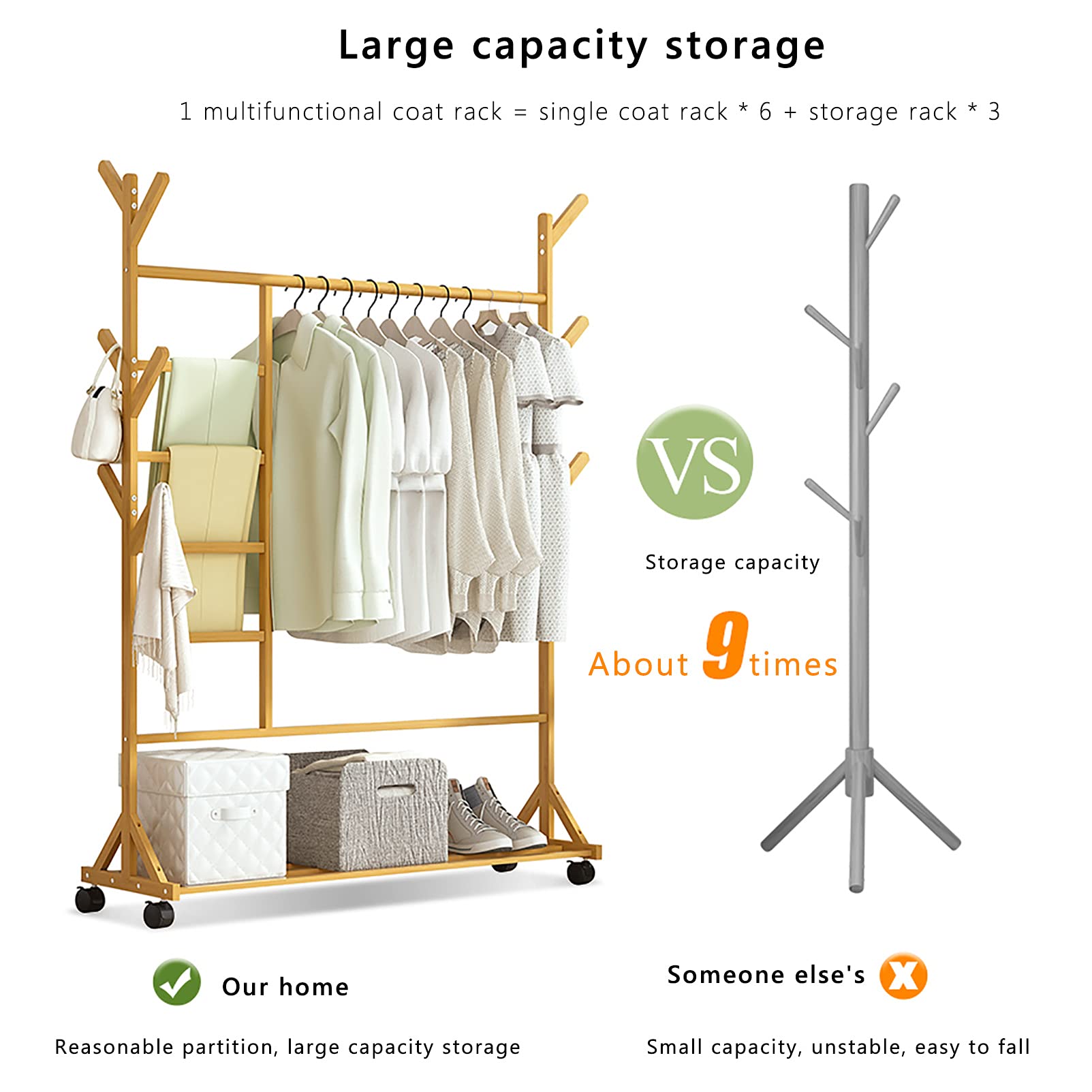 Amazon｜ハンガーラック 竹製 衣類収納 キャスター付き ポールハンガー