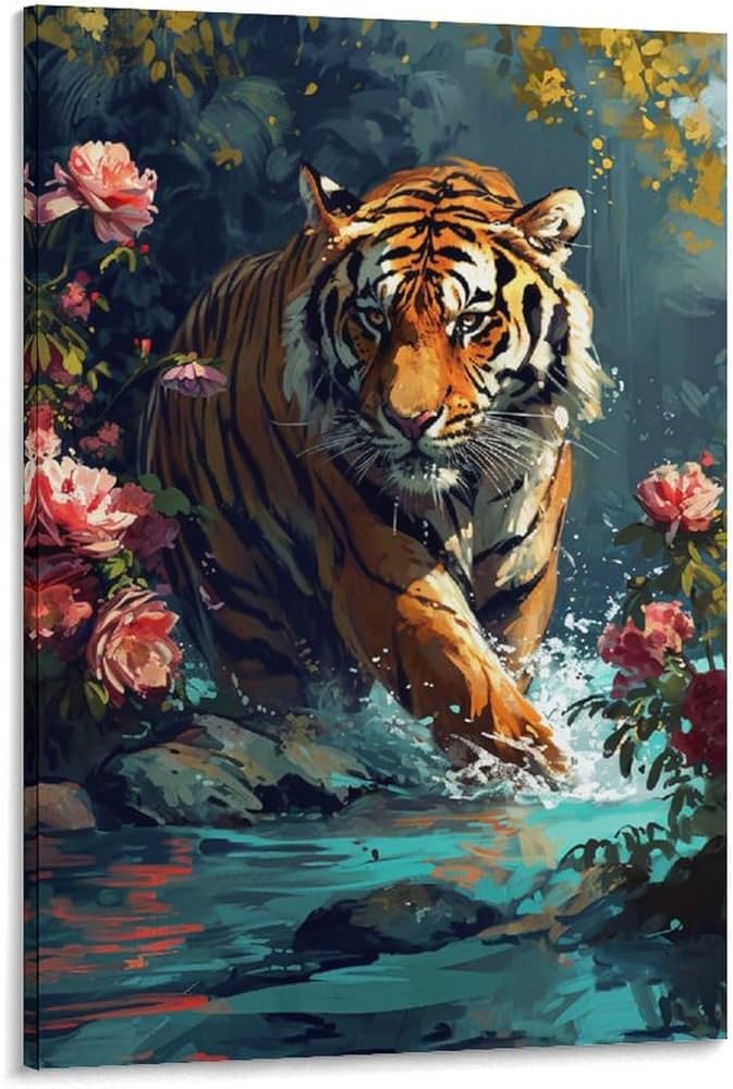 Amazon.co.jp: 絵画 水の中で虎狩り アートパネル ポスター 凶暴な虎