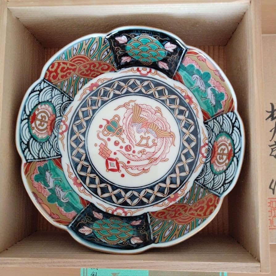 URA 有田焼/肥前皿山/幸右衛門 作/染錦唐花画台付蒸碗5客/共箱/10-11