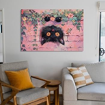 Amazon.co.jp: 絵画 ピンクの壁に逆さまにぶら下がっている黒猫 アート