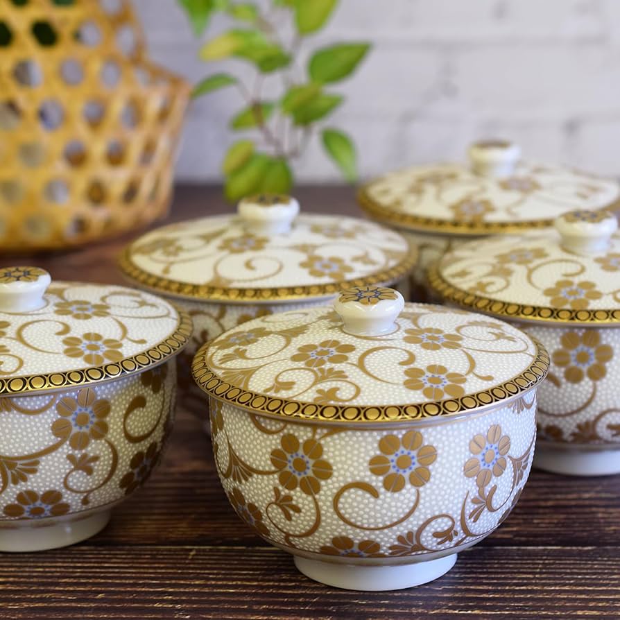 Amazon | おしゃれ 湯呑み 九谷焼 蓋付 湯呑み茶碗 5客 セット 鉄仙紋