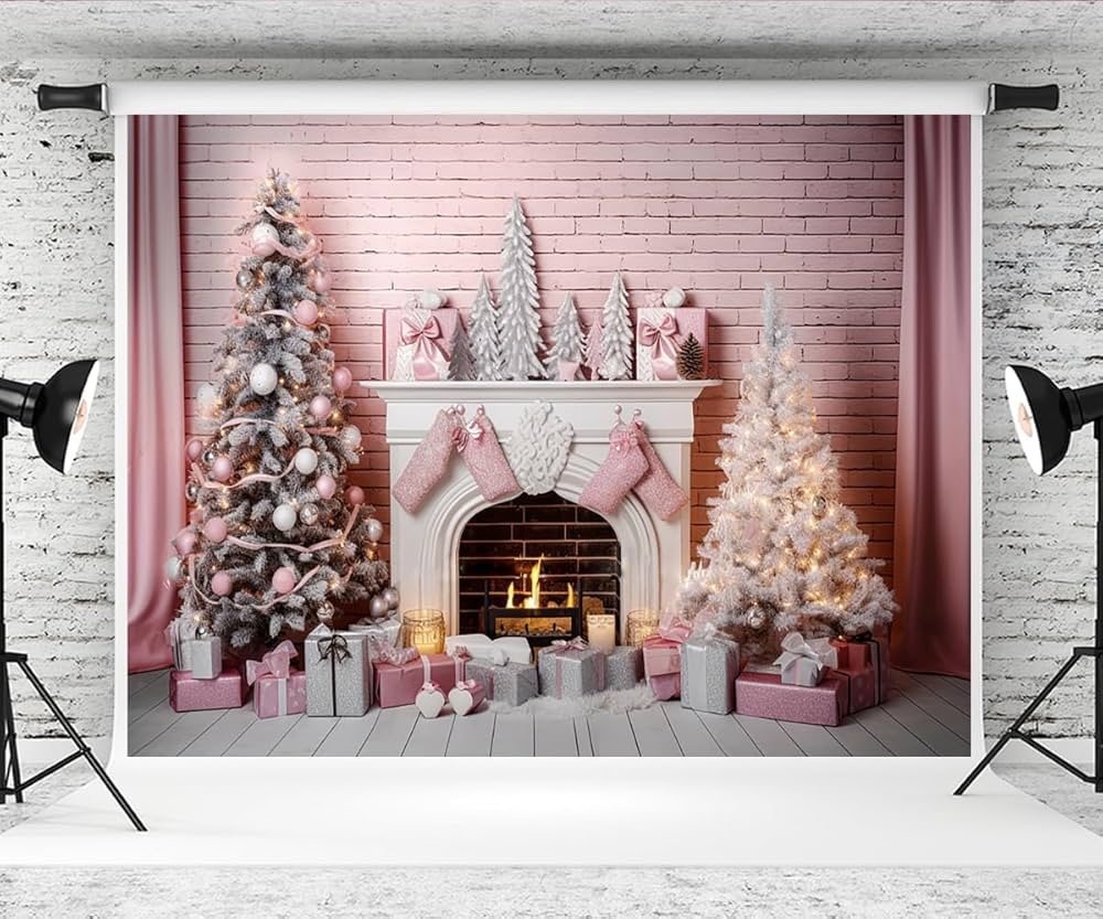 Amazon.co.jp: Kate 7×5フィート ピンク クリスマス 写真背景 暖炉
