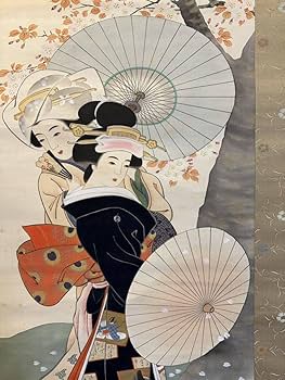 Amazon.co.jp: 模写上村松園「花見姿図」 古い掛け軸(掛軸) 肉筆 絹本