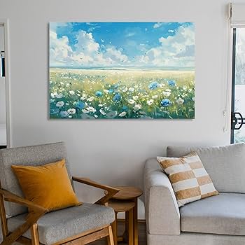 Amazon.co.jp: 絵画 青い空と白い雲の下の花畑 アートパネル ポスター