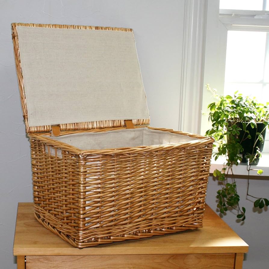 Amazon.co.jp: 天然素材 フタ 付き かご 収納 バスケット Lサイズ 内布
