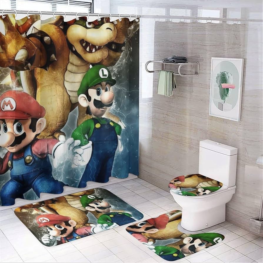 Amazon｜マリオシャワーカーテン4点セット バスルームラグ トイレU型