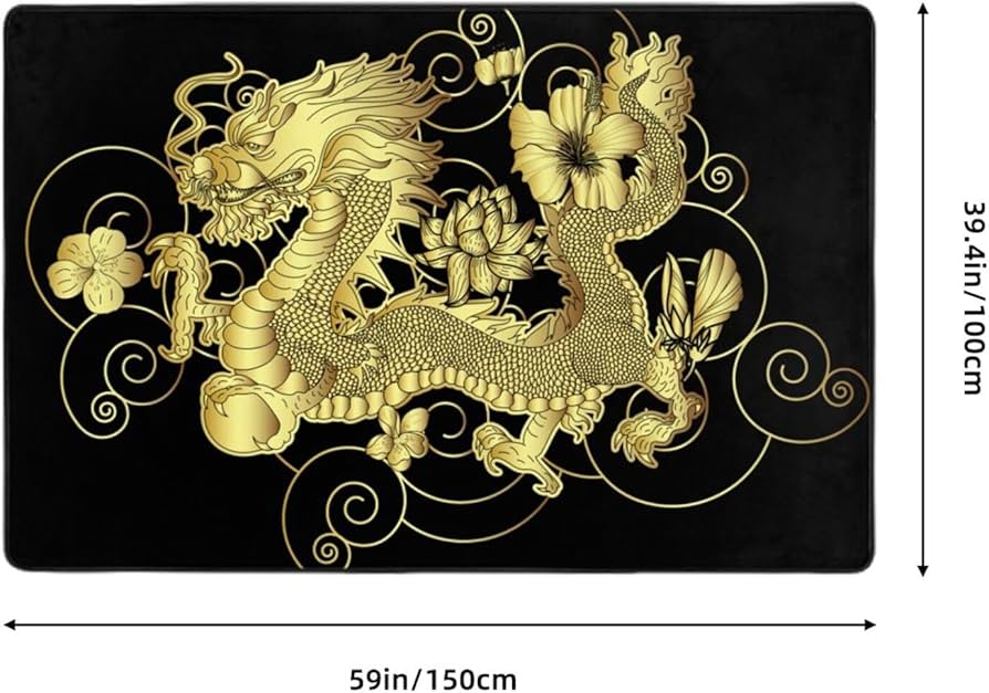 Amazon | ドラゴン柄 龍 竜 金色 (2) カーペット 長方形 ラグマット