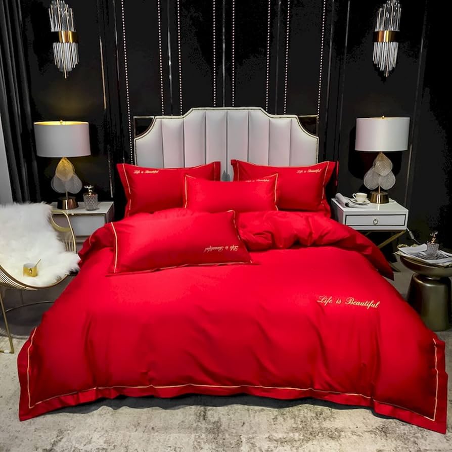 Amazon｜100％純綿 敷きふとんカバー 赤 ダブル 枕カバー 4点セット