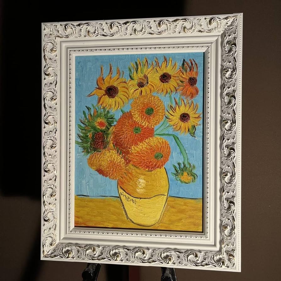 Amazon.co.jp: 手書き油絵 ゴッホ ひまわり 青 額付 絵画 インテリア