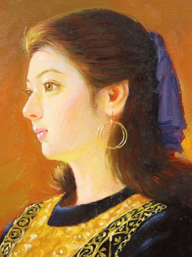 鶴村義美『白いブラウス』油彩画丸額希少