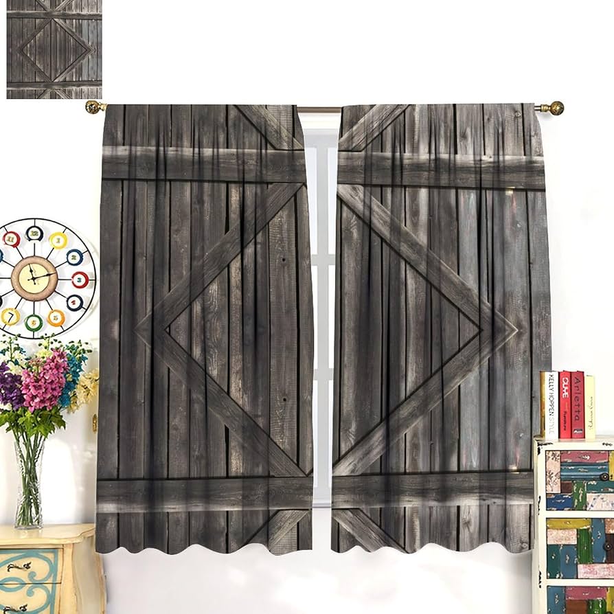 Amazon｜ICMOLYYENLO 素朴な納屋のドアカーテン 農家 木製 ガレージ