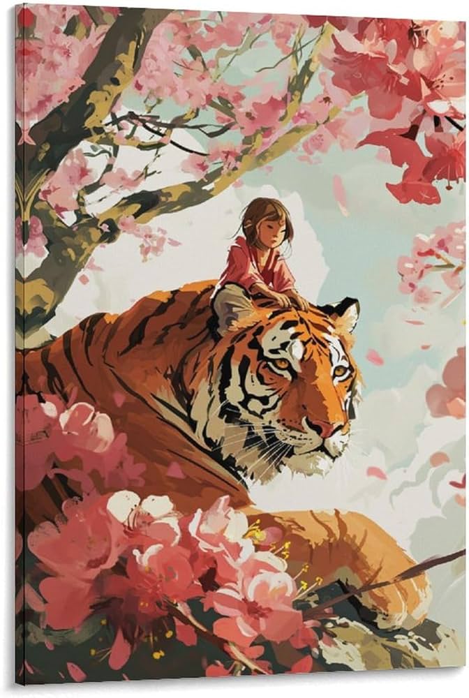 Amazon.co.jp: 絵画 虎に乗る女の子インテリア 絵画 動物イラスト