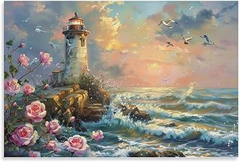 Amazon.co.jp: 絵画 灯台の海の眺めインテリア 絵画 油絵イラスト