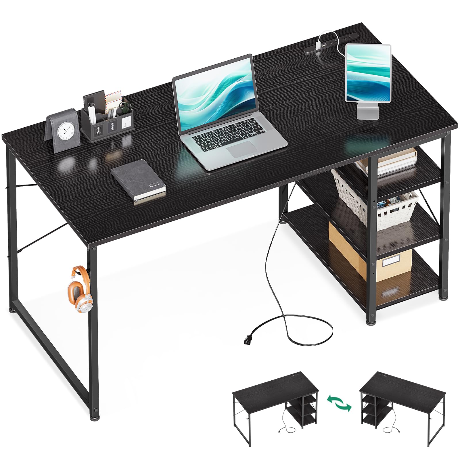 Amazon | KKL デスク 机 pcデスク 幅120cm コンセント付き 3段ラック