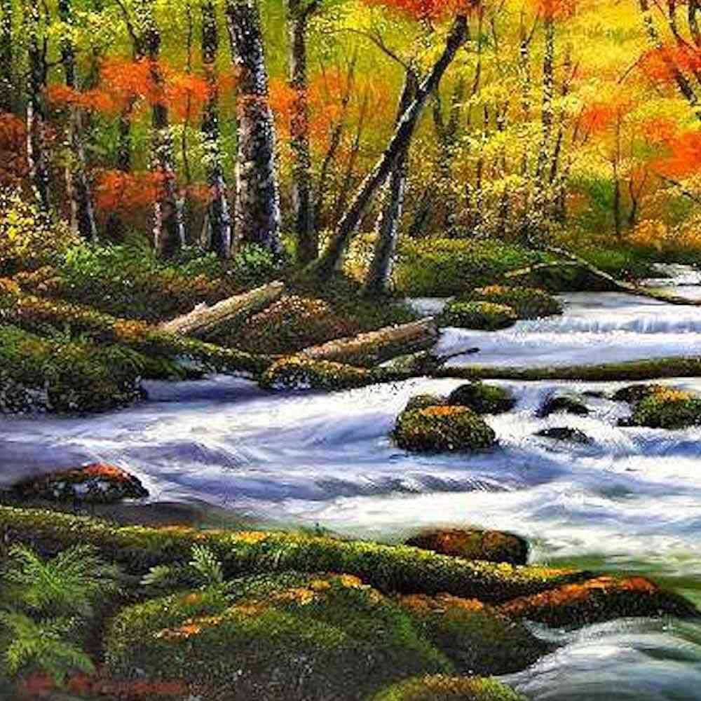 Amazon.co.jp: 木村由記夫 秋の奥入瀬 F6号 ゴールド 受注制作 油彩画