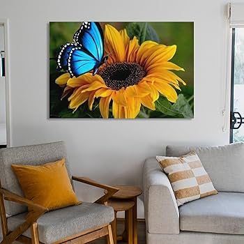Amazon.co.jp: 絵画 ひまわりの周りを舞う青い蝶インテリア 絵画 魅惑