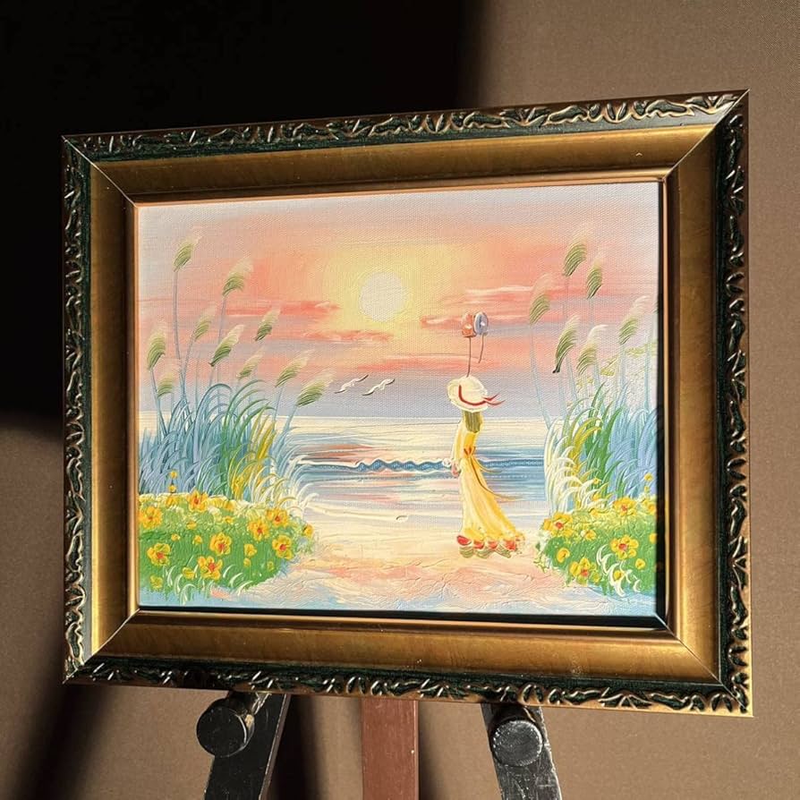 Amazon.co.jp: 手書き油絵 海を眺める少女 額付 絵画 インテリア