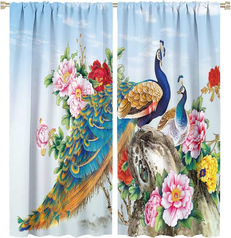 Amazon.co.jp: ピーコック風景カーテン 孔雀と花のテーマ ウィンドウ