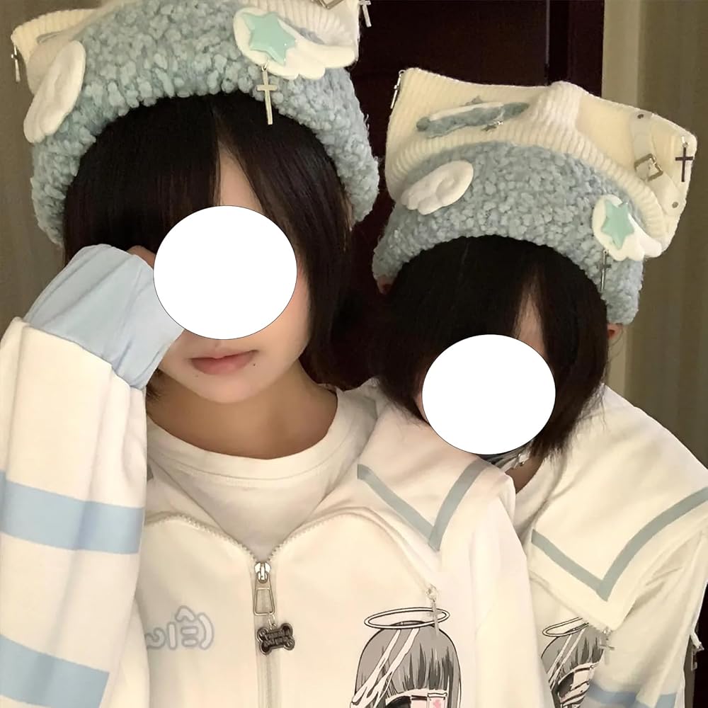 Amazon | [LAVASEON] 猫耳 帽子 レディース 天使界隈 水色 サブカル系