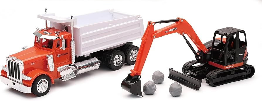 Amazon.com: Peterbilt Dump Truck Orange and White and Kubota KX080