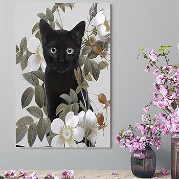 Amazon.co.jp: 花 黒猫 ネコ柄 猫柄 キャンバス絵画 アートパネル