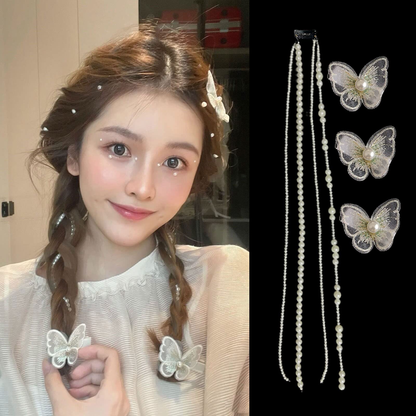 Amazon.co.jp: ZHEJIA パール 髪飾り 蝶【4つのチェーン+3つのヘア