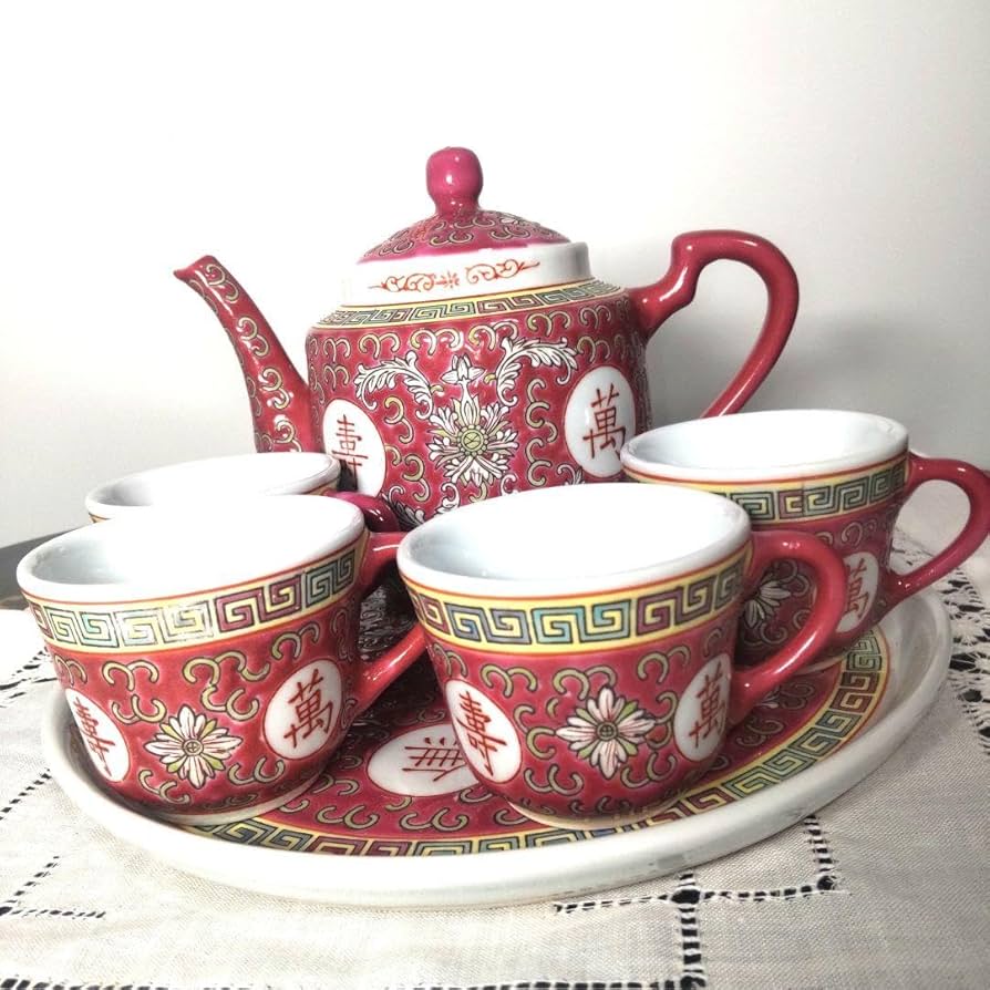 Amazon.co.jp: 中国 景徳鎮 急須 ポット ピンク カップ プレート 高級