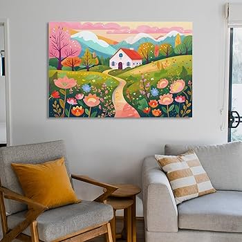 Amazon.co.jp: 絵画 小さな家の周りの森と色とりどりの花 アートパネル