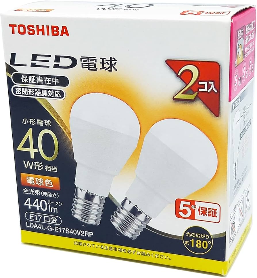Amazon | TOSHIBA(東芝) LED電球 40W相当 広配光 電球色 E17口金 2P