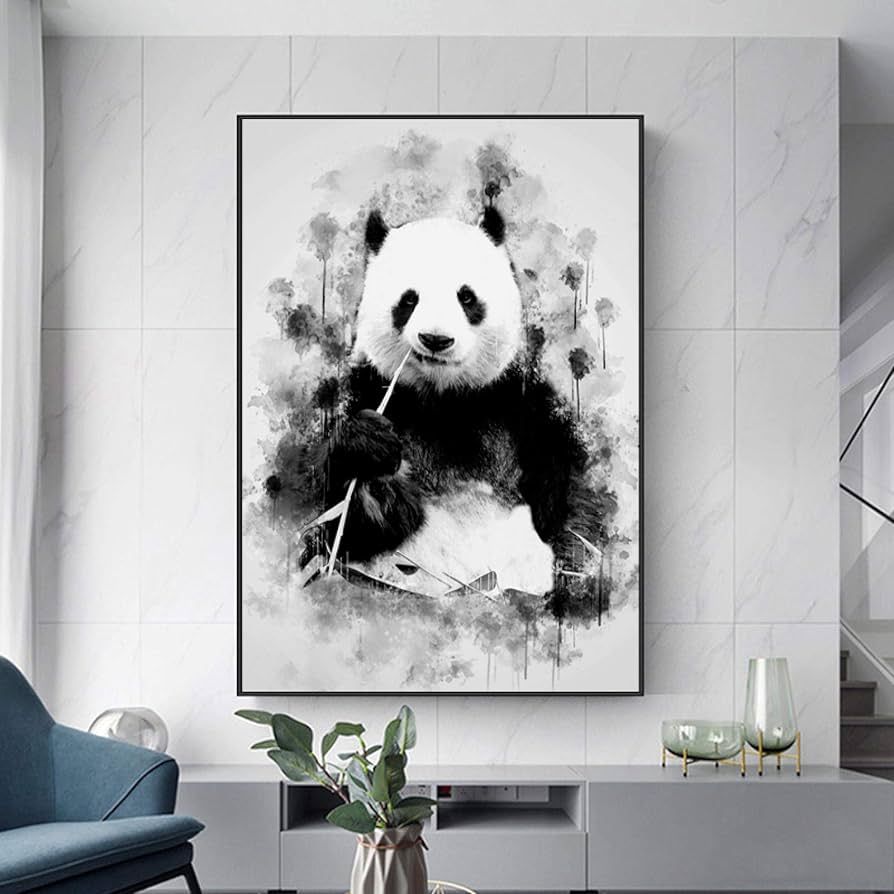 Amazon.co.jp: キャンバス絵画かわいいパンダ食べる竹アートポスター