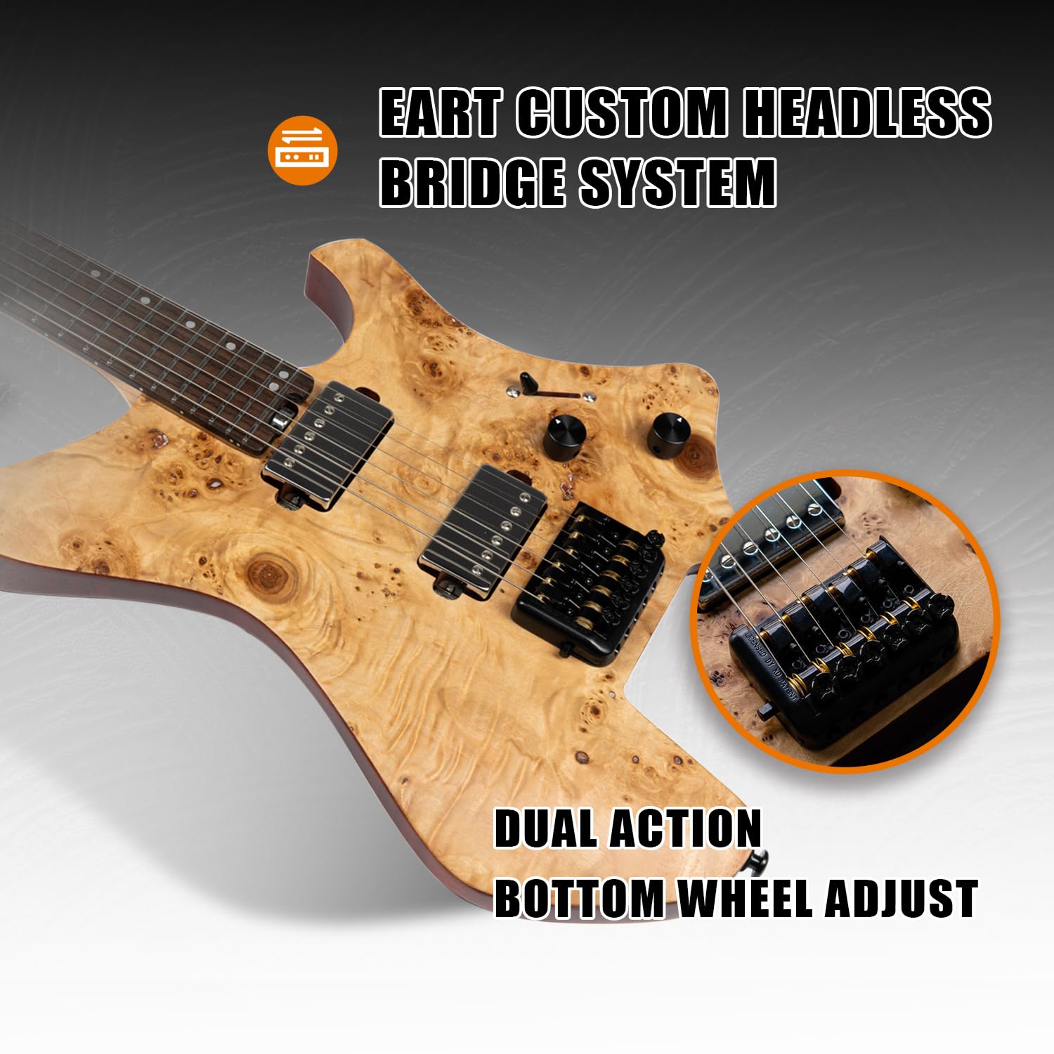 EART Elektro Gitar 6 Telli Başsız Gitar Tam Boy H-H Pick-up, Sert