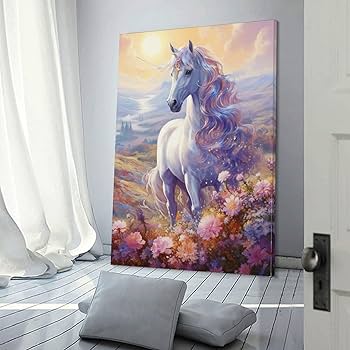 Amazon.co.jp: 絵画 花畑の白いユニコーンインテリア 絵画 馬 アート