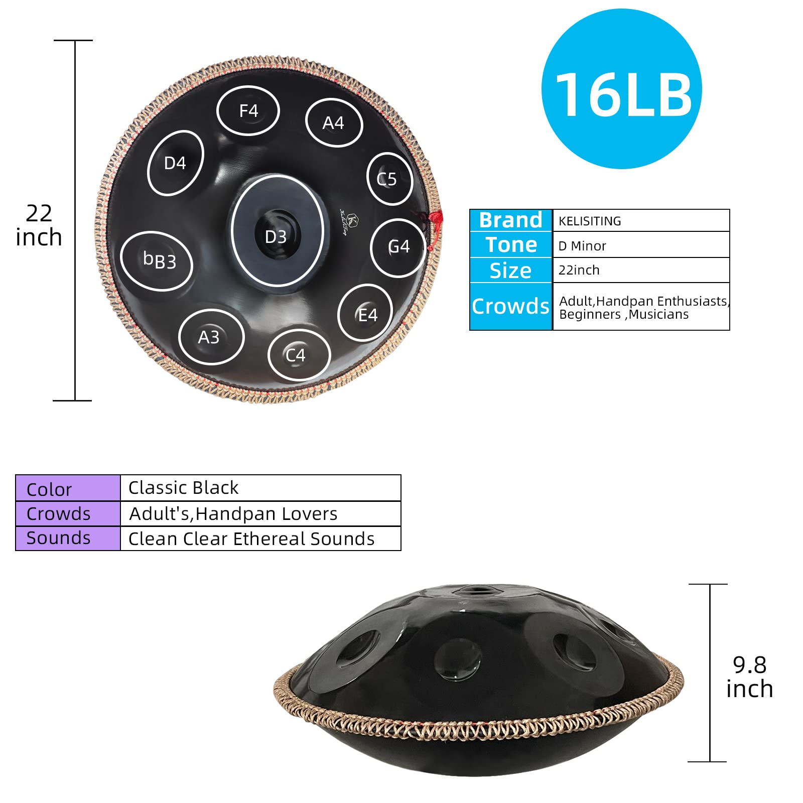 Amazon | ハンドパン 432HZ、10音 22インチ D マイナー ハンド