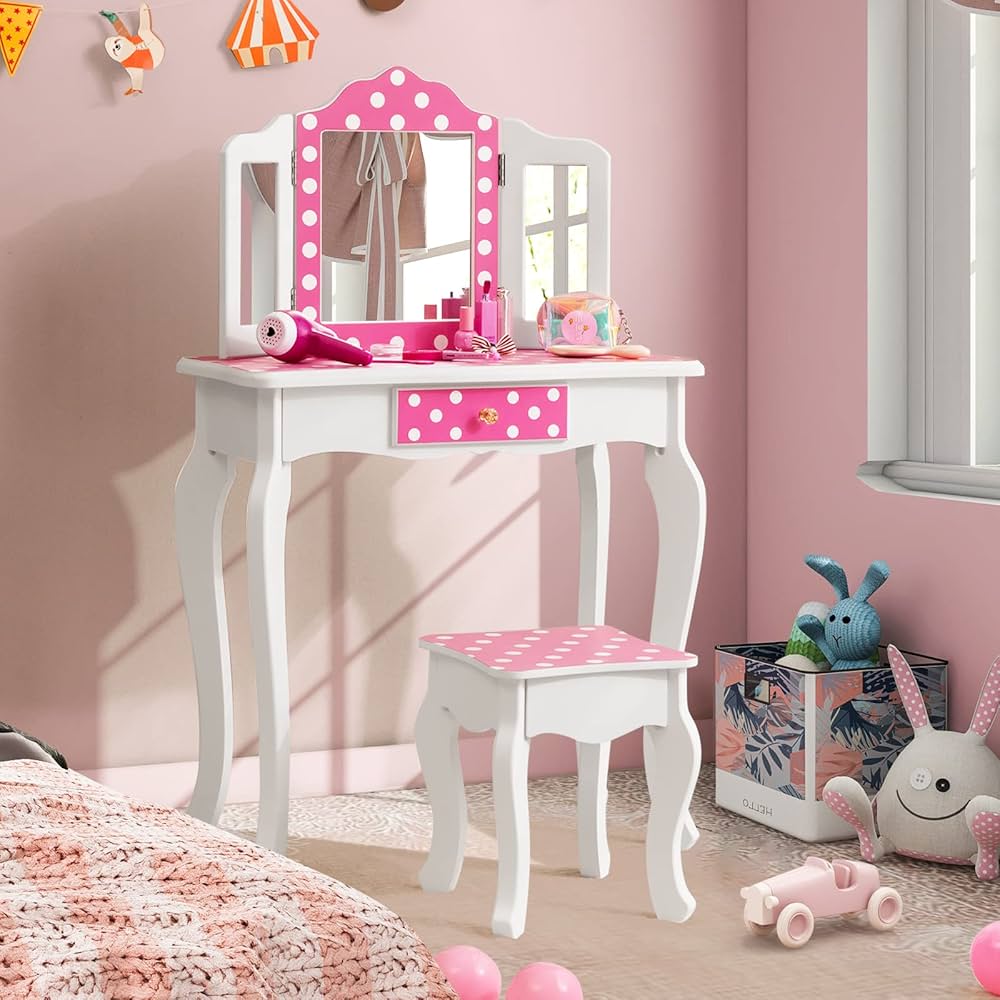 Costzon Kids Vanity Table and Chair Set, Girls Vanity Set with