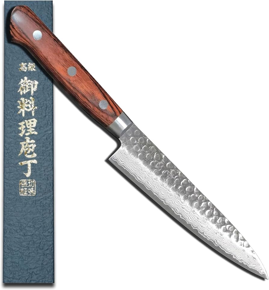 Amazon | 一心刃物 日本製 ペティナイフ 包丁 槌目ダマスカス V金10号