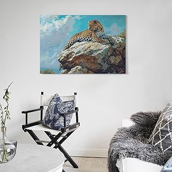Amazon.co.jp: 絵画 山の岩の上のヒョウインテリア 絵画 動物イラスト
