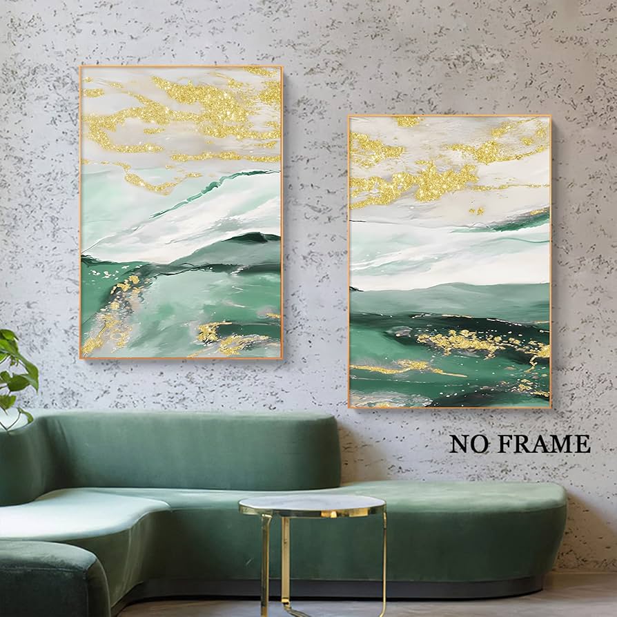 Amazon.co.jp: 抽象的な緑と金のキャンバスウォールアート 現代の山の