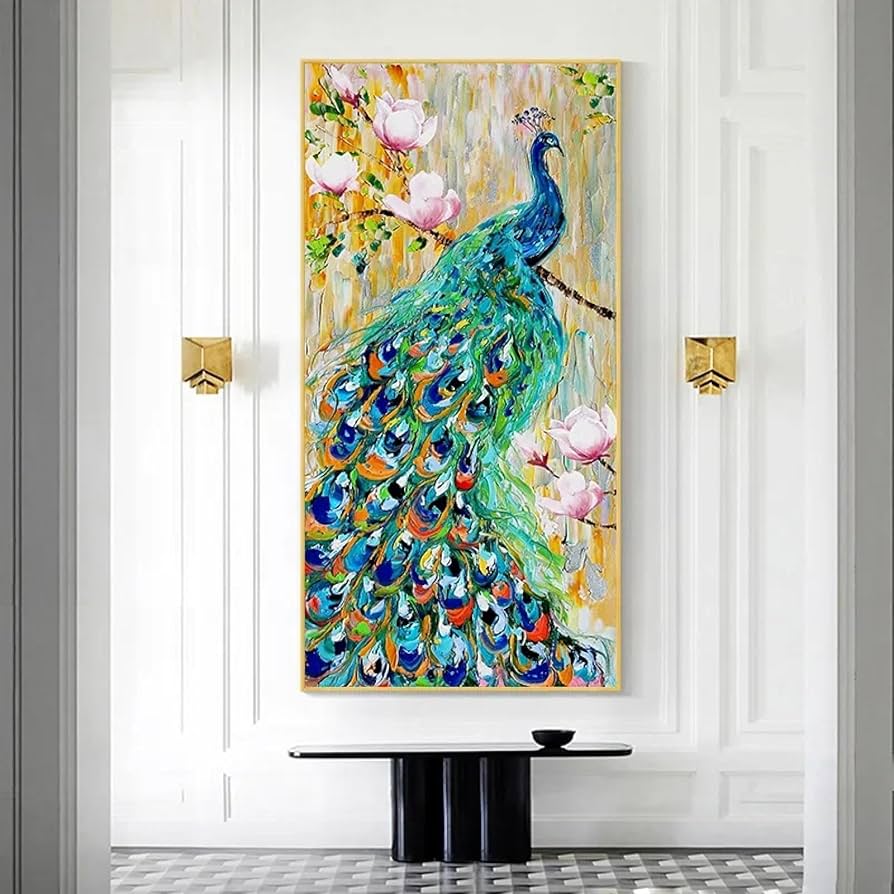 Amazon.co.jp: 伝統的な中国の幸運の風水孔雀のキャンバス絵画グリーン