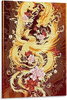 Amazon.co.jp: 絵画 龍と鳳凰が吉兆を演出インテリア 絵画 黄金の龍と
