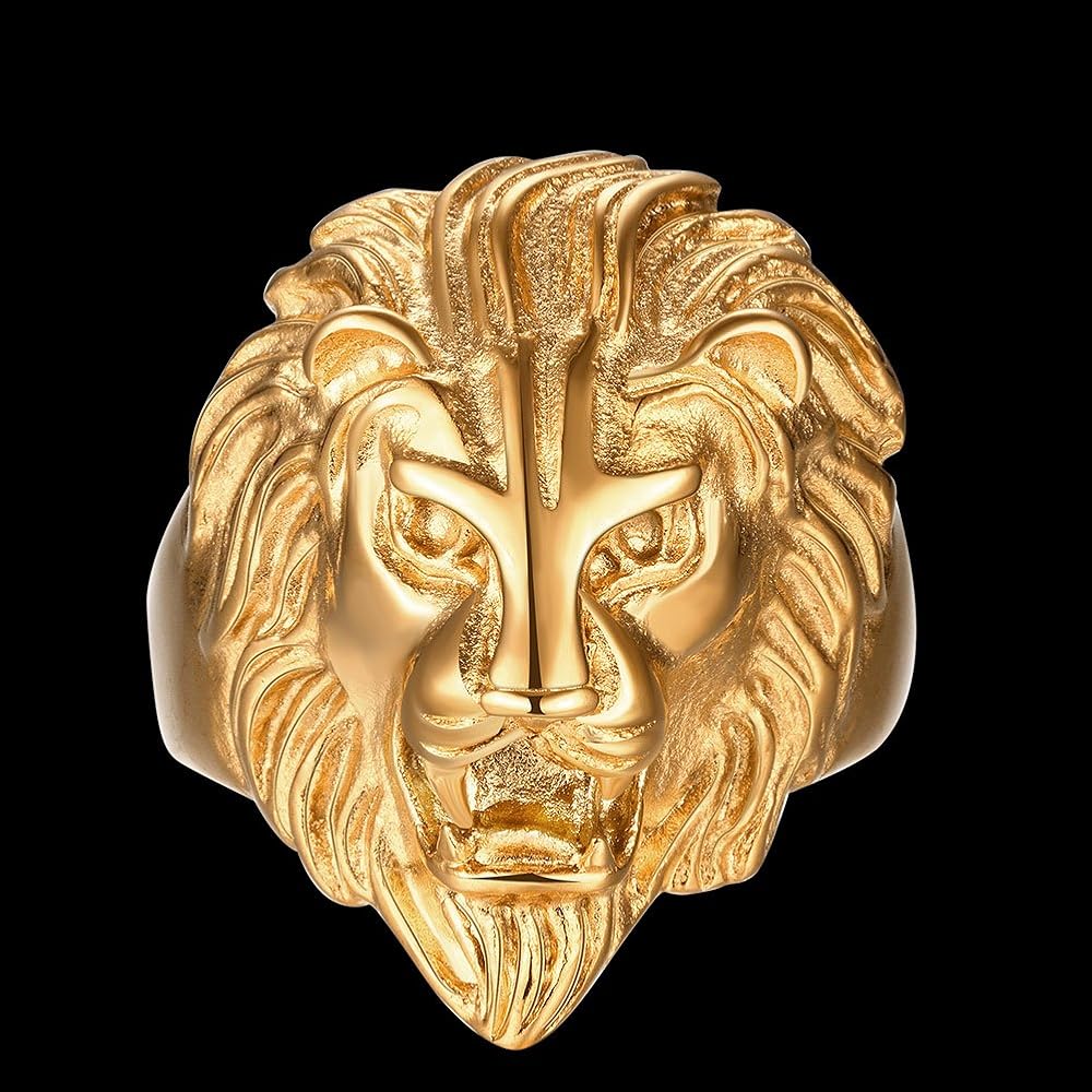 Goldenchen Men's Vintage 316L Stainless Steel Gold Lion Head Rings