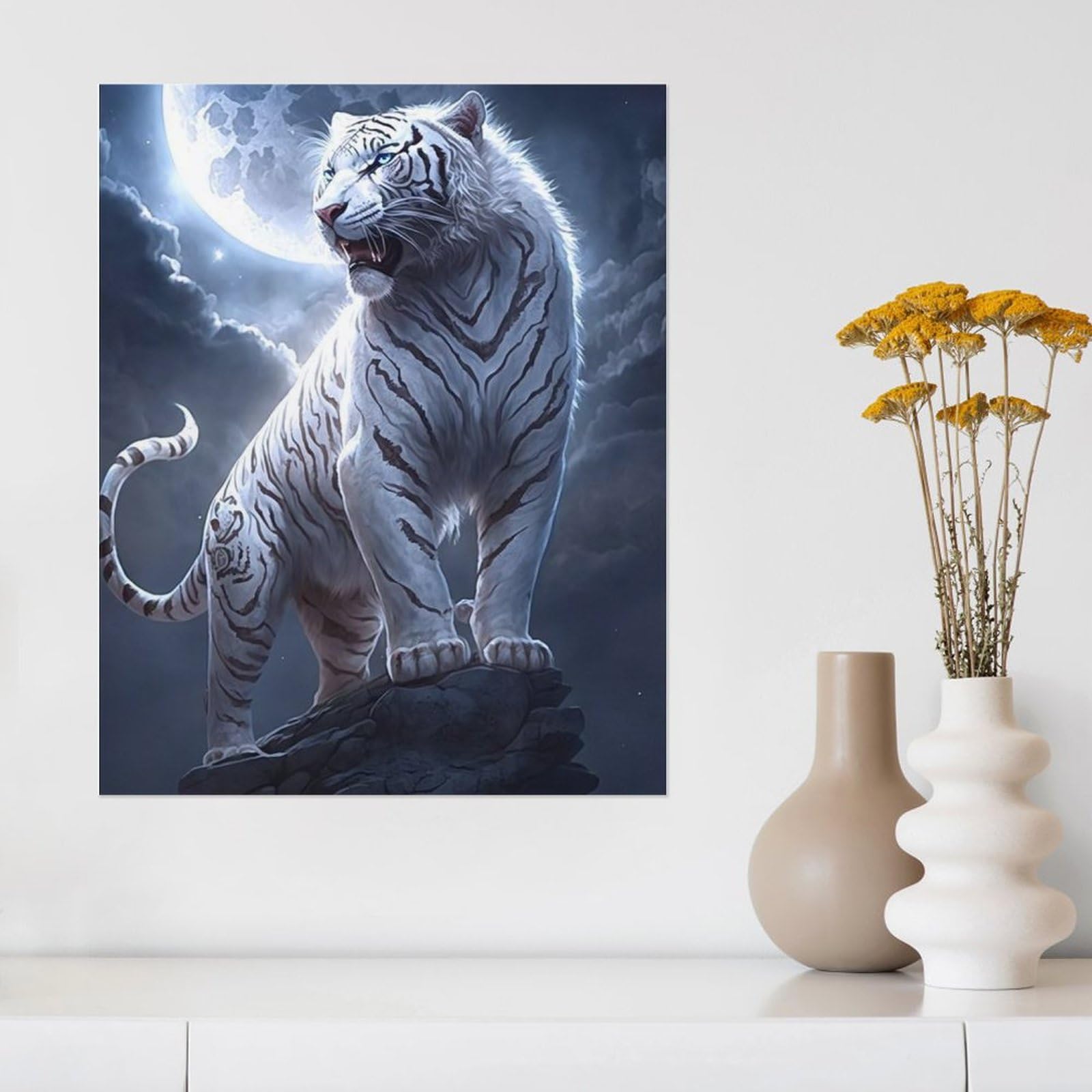 Amazon.co.jp: 絵画 岩の上に立つホワイトタイガーインテリア 絵画