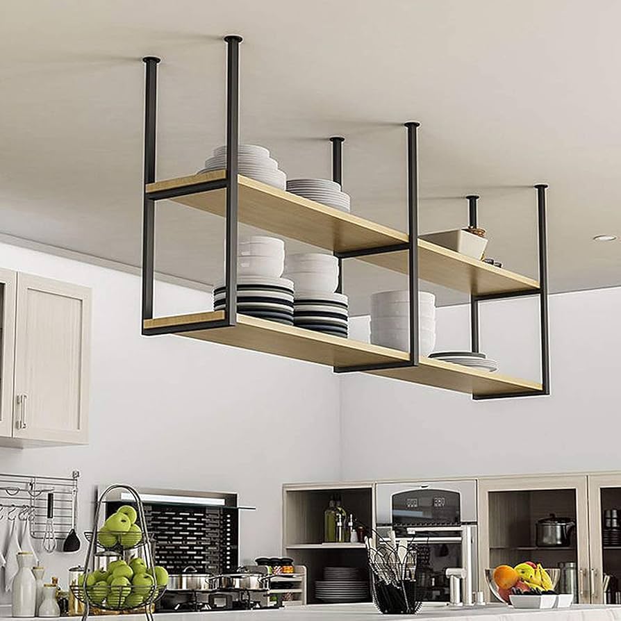 Amazon｜天井の棚 - 2段 天井吊りワインラック/棚/収納棚/フラワー