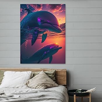 Amazon.co.jp: 絵画 夕暮れ時の2頭のイルカインテリア 絵画 サイバー