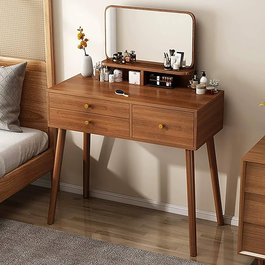 Amazon｜鏡付きドレッサー。ウォールナット色ドレッサーテーブル。収納