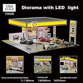 PizazzToy Shell Petrol Station Model, 1/64 Scale Miniature Gas