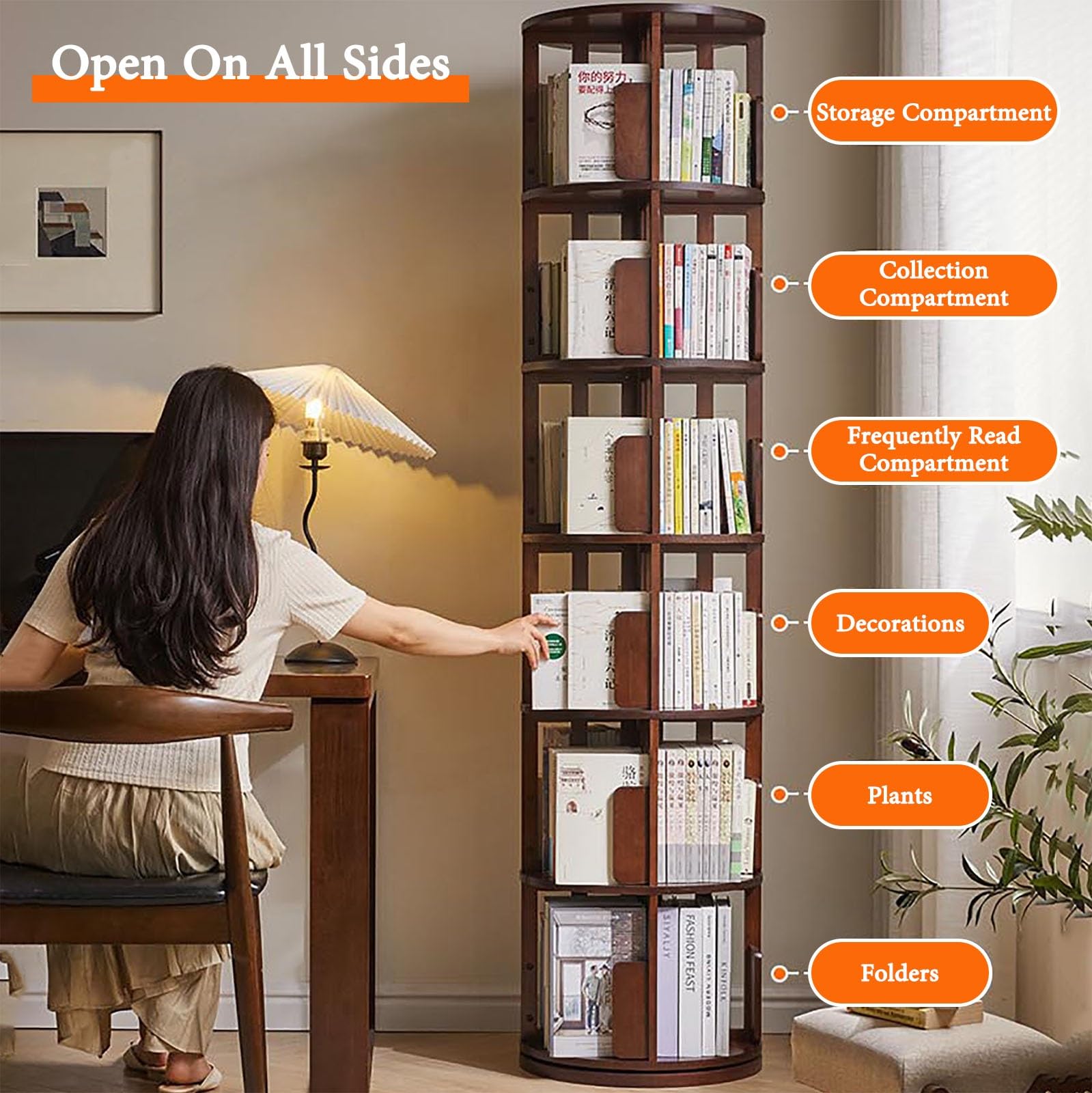 Amazon｜回転式本棚 6段 天然無垢材 絵本棚 大容量 ラウンド本棚 組立