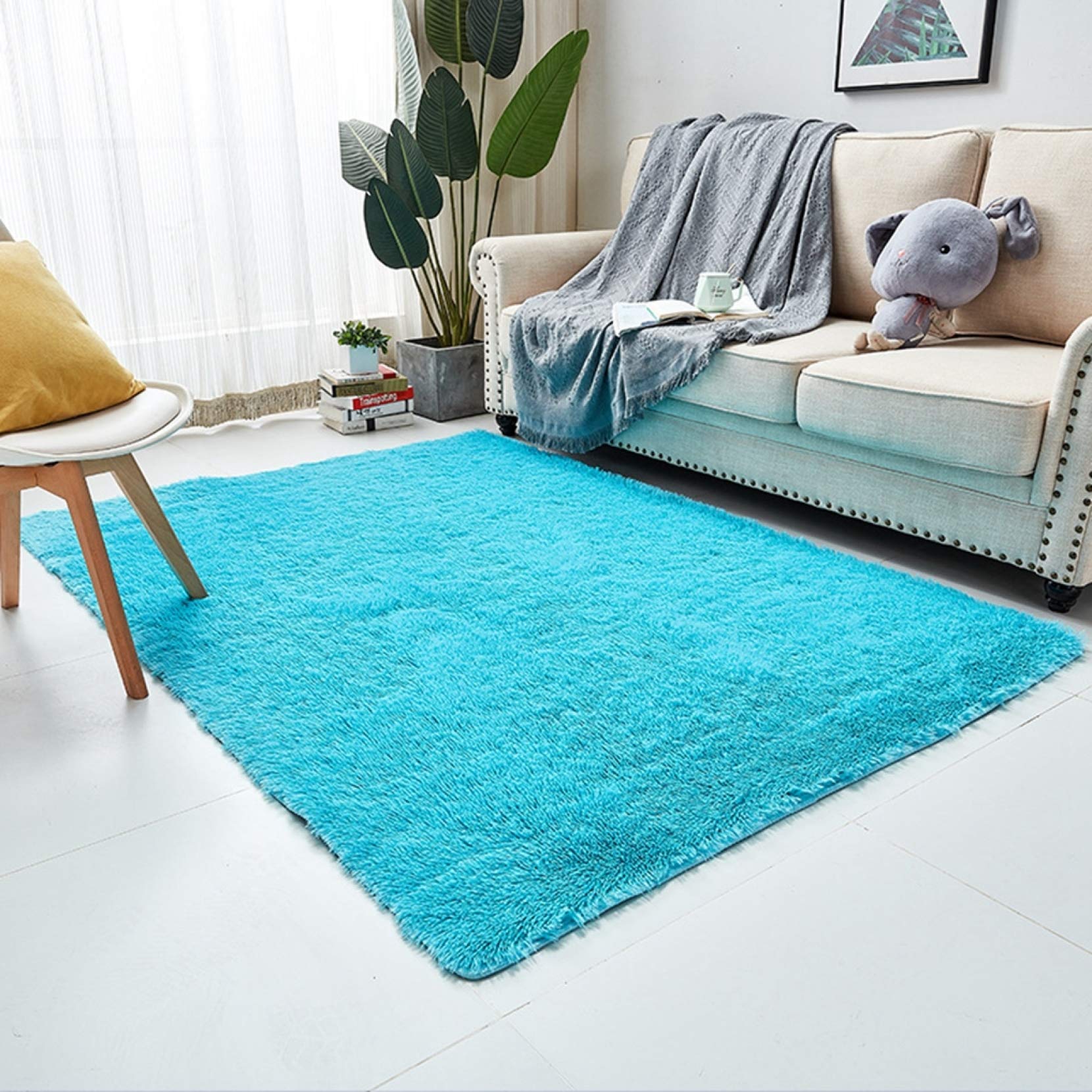 Amazon｜洗える シャギーラグマット ブルー 150*200 強力滑り止め付き