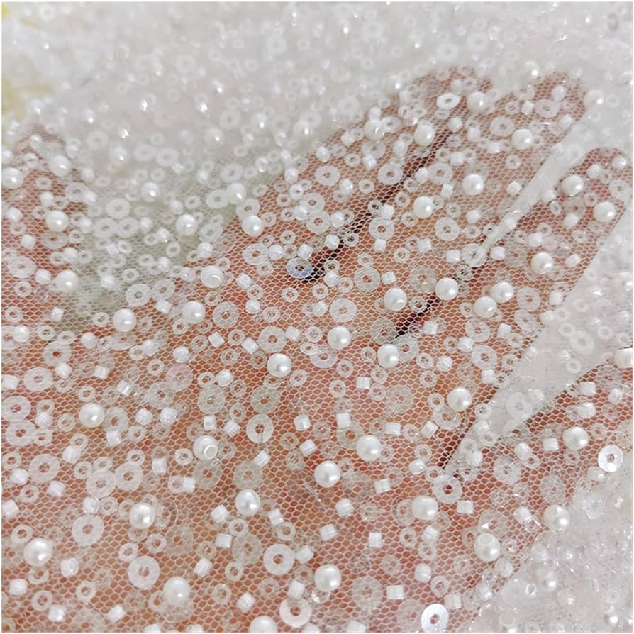 Amazon | ホワイト 高級 絶妙 パール スパンコール ビーズ レース 生地