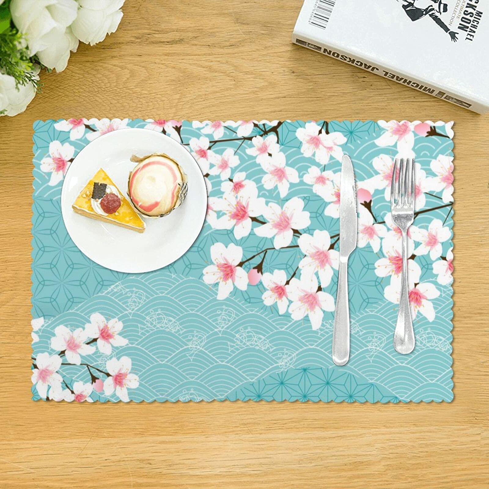 Amazon｜ランチョンマット 4枚セット 青 桜 サクラ 和風 和柄 波