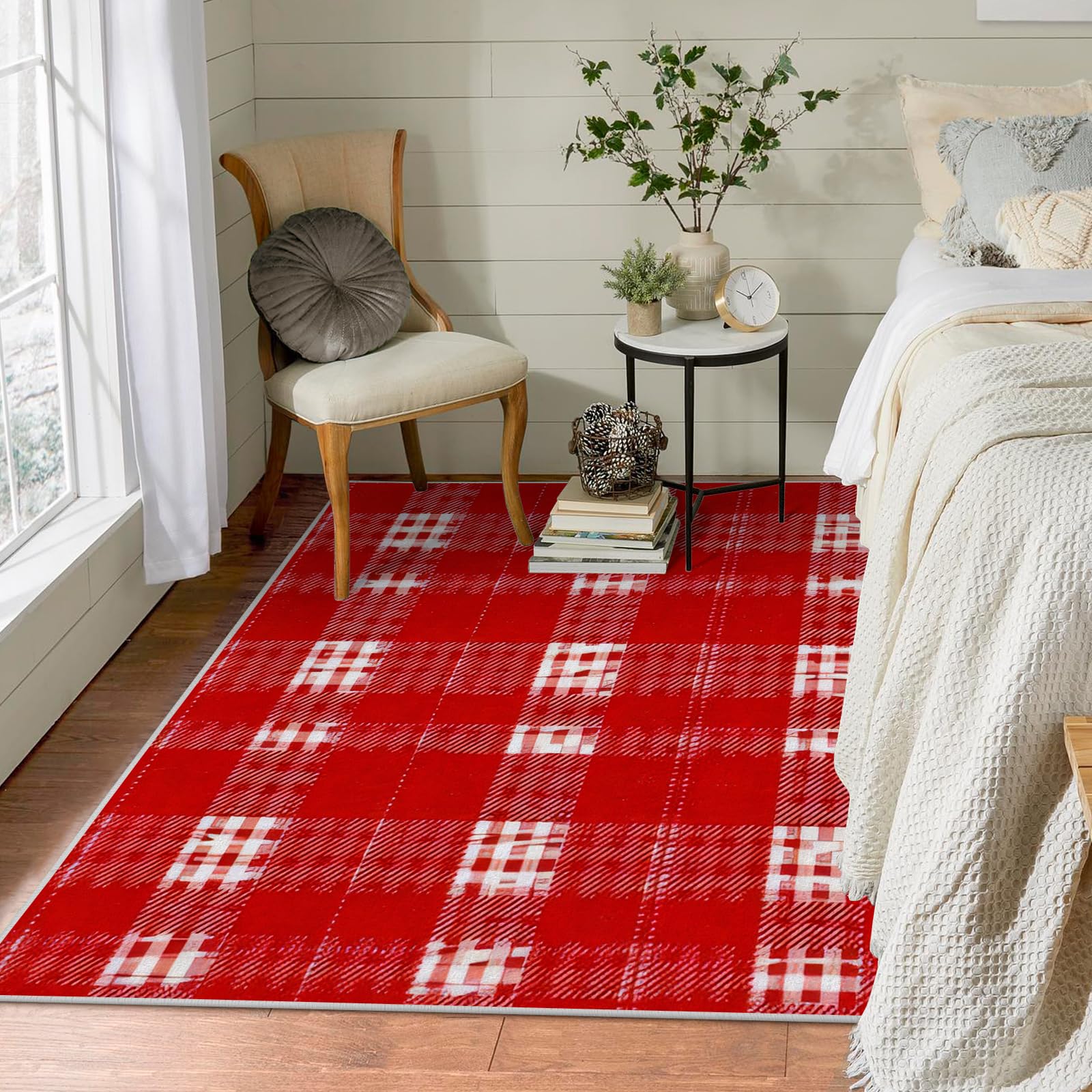 Amazon | 赤いチェック柄 ラグマット 160x160 正方形 クリスマス